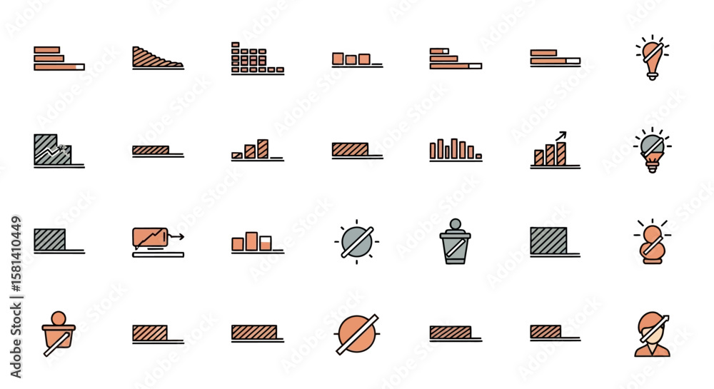 Poster set of vector icons diverse set of business and data visualization icons with lightbulb and prohibit