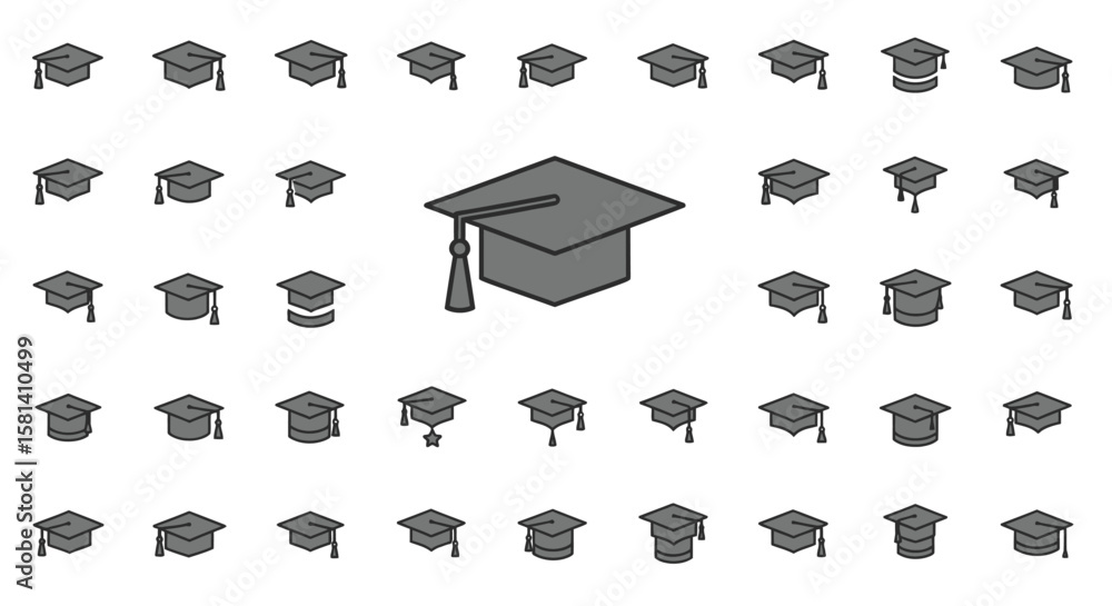 Poster set of vector icons gray graduation cap icon isometric view with tassel. vector illustrations. eps e