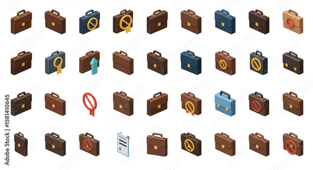 Poster set of vector icons isometric briefcase icons with various symbols colors and styles. vector illustr
