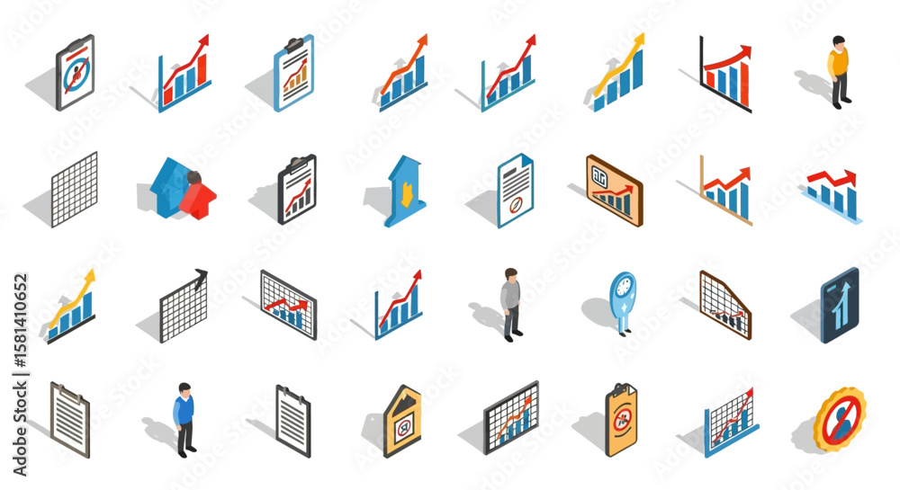 Poster set of vector icons isometric business and finance icons charts graphs and data analysis. vector ill
