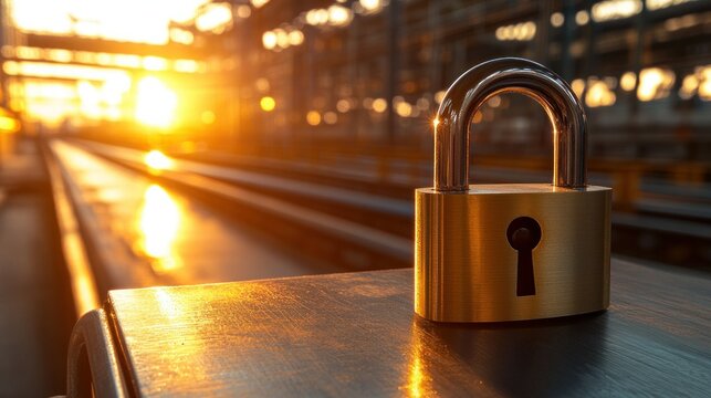 Golden padlock on a wooden surface at sunset, industrial setting