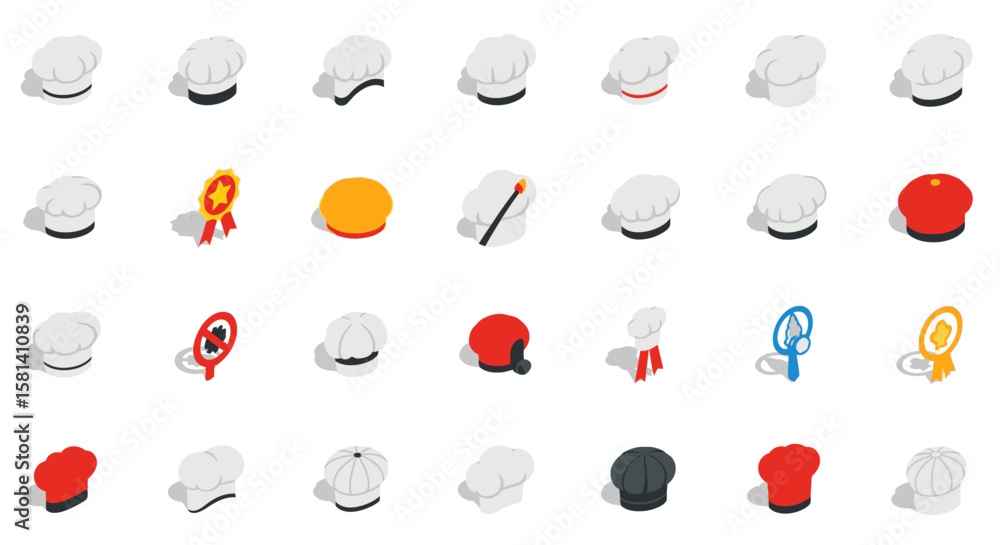 Poster set of vector icons isometric chef hats collection various colors and styles culinary concepts. vect