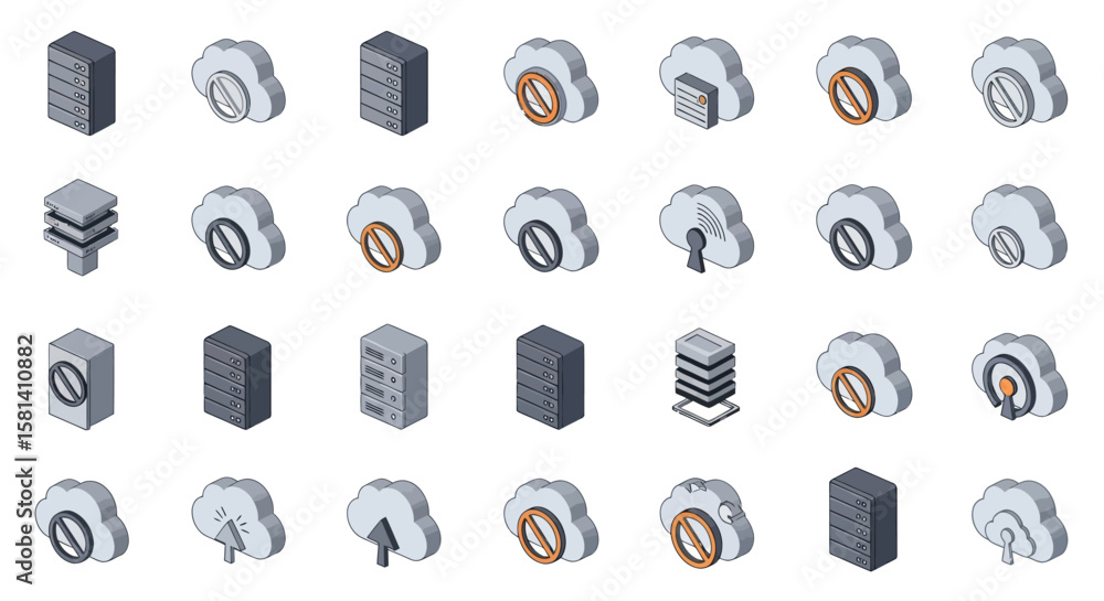 Poster set of vector icons isometric cloud icons with various symbols representing data and security. vecto