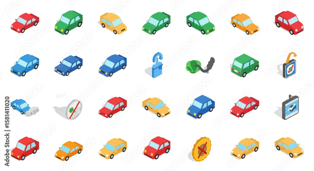 Poster set of vector icons isometric colorful cars in various colors and styles isolated on white backgroun