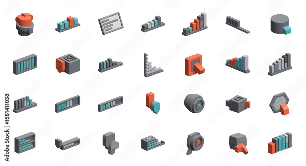 Poster set of vector icons isometric data visualization icons charts graphs and ui elements. vector illustr
