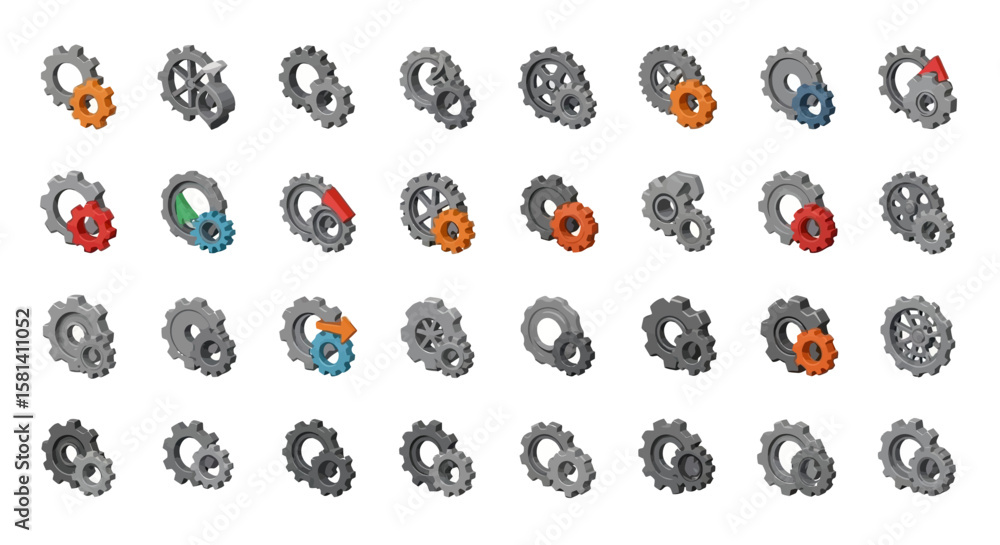 Poster set of vector icons isometric gears set gray and colored cogwheels mechanical elements engineering c