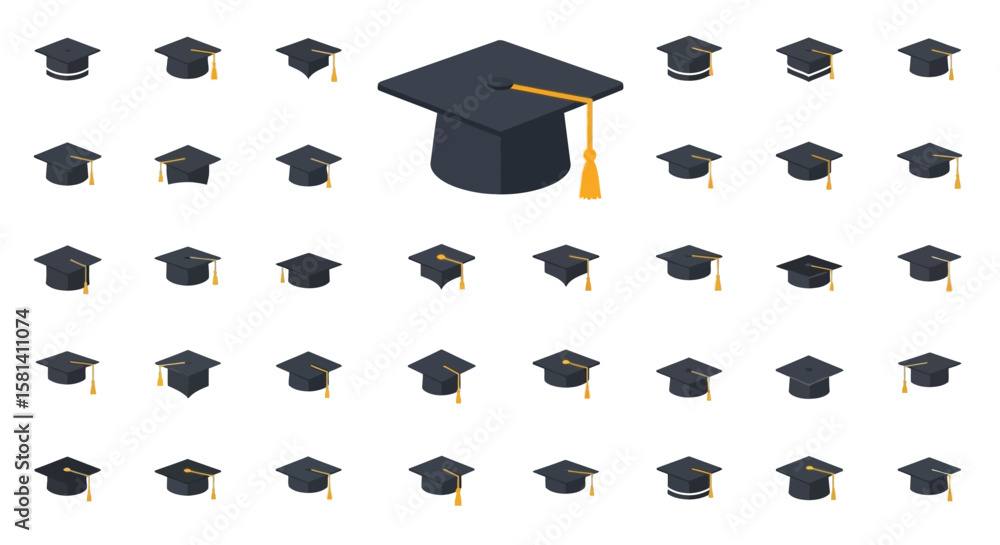 Aufkleber set of vector icons isometric graduation caps array with tassels academic achievement concept. vecto