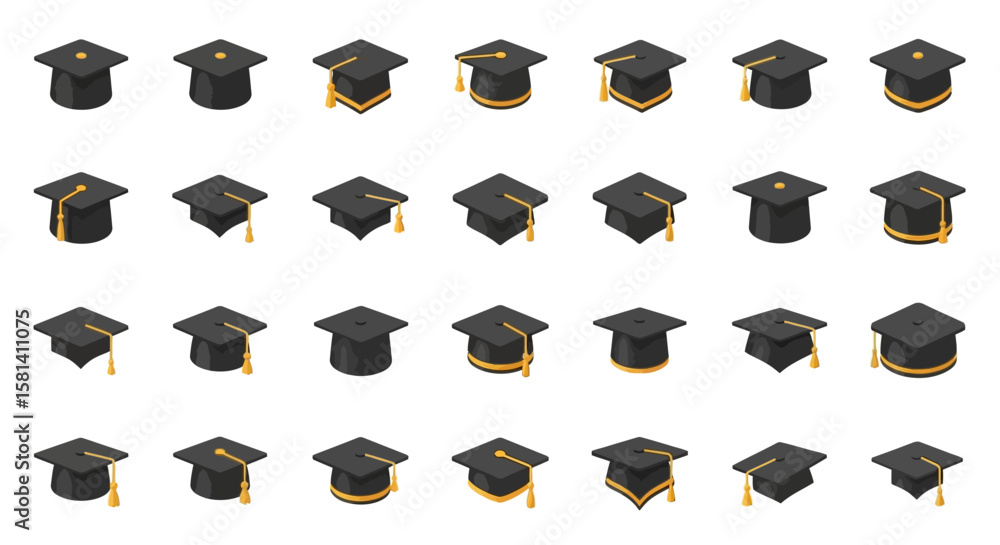 Poster set of vector icons isometric graduation caps with tassels various styles and designs. vector illust