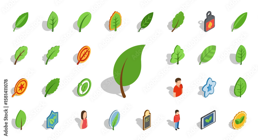 Aufkleber set of vector icons isometric green leaf with brown stem and shadow simple design. vector illustrati