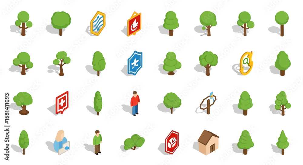 Poster set of vector icons isometric green trees collection with various shapes and styles. vector illustra