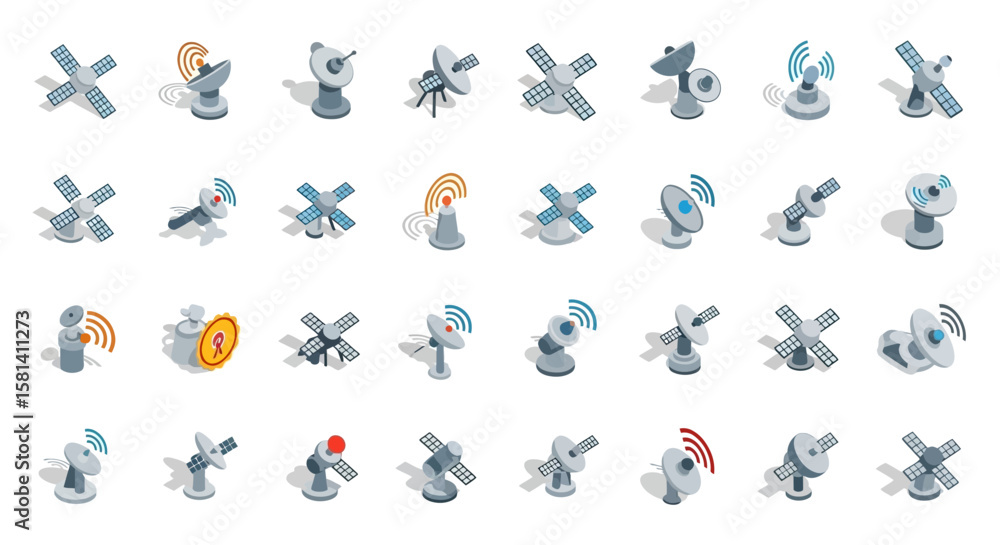 Poster set of vector icons isometric satellite dishes and solar panel arrays icons set. vector illustration