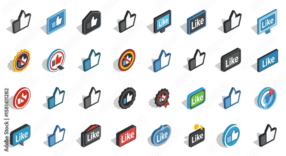 Poster set of vector icons isometric thumb up icons with like text and various styles. vector illustrations