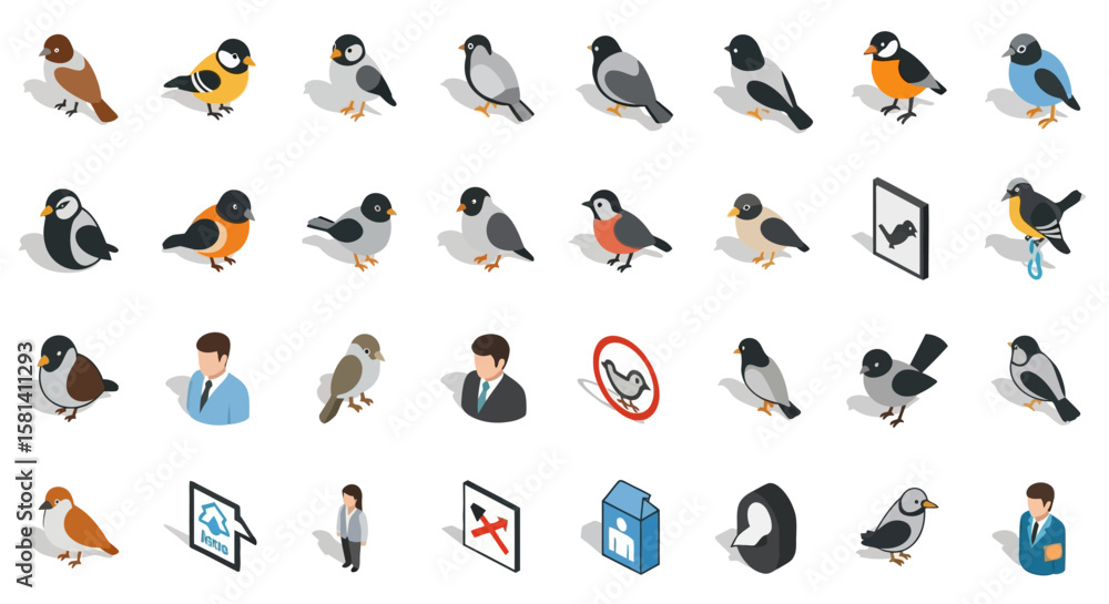 Poster set of vector icons isometric vector illustrations of various colorful birds with distinctive plumag