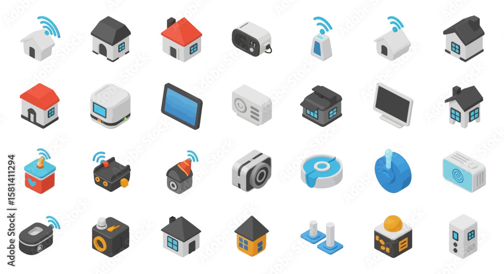 Fototapete set of vector icons isometric smart home and technology icons houses gadgets and devices. vector ill