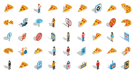 Set of Vector Icons Isometric Pizza Slice Icons with Pepperoni and Cheese Topping Delicious Food. Vector Illustrations. EPS Editable
