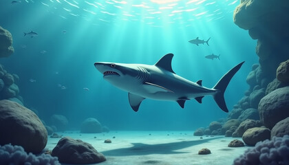 Fototapeta premium Shark Encounter in Vibrant Ocean Environment, Stunning Wildlife Photography