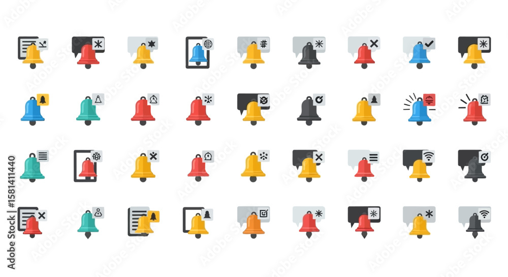 Poster set of vector icons notification bell icons with various symbols and colors flat design. vector illu