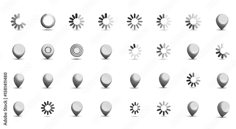 Poster set of vector icons set of gray location pin icons and loading progress indicators. vector illustrat
