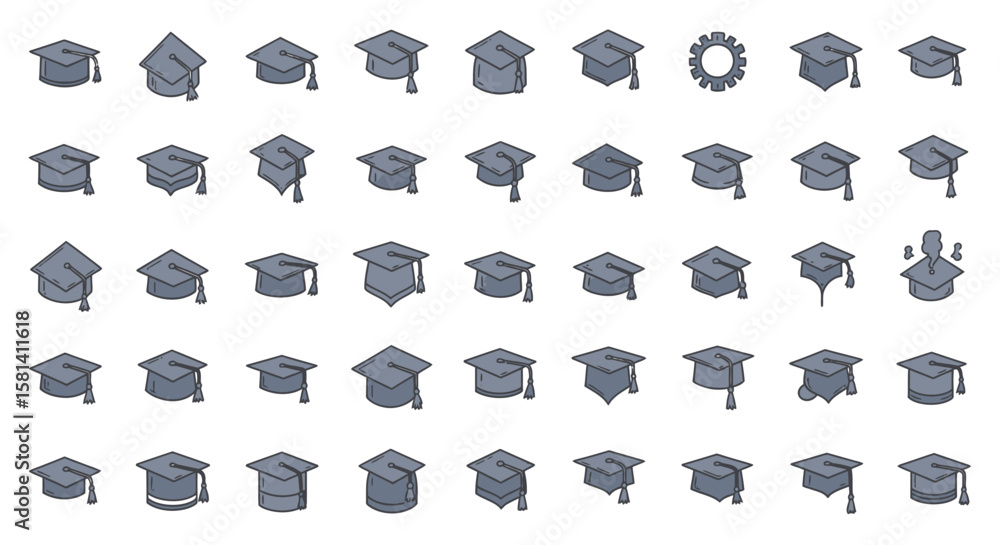 Aufkleber set of vector icons various handdrawn graduation mortarboard hats with tassels in different styles. 