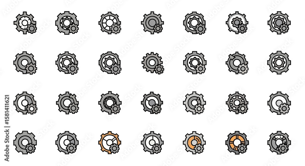 Poster set of vector icons various interlocking gears in different configurations. vector illustrations. ep
