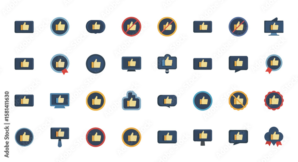 Poster set of vector icons various illustrated thumb up icons in different shapes and styles. vector illust