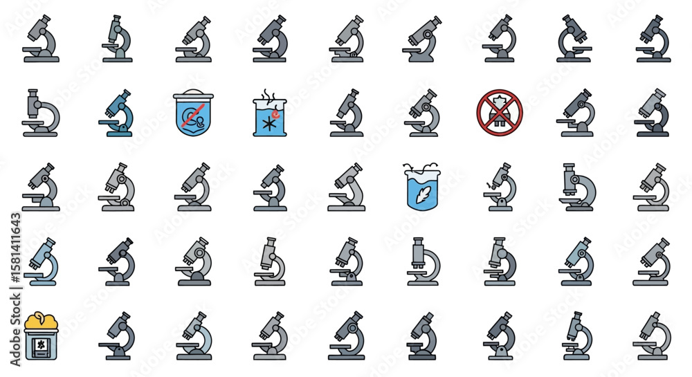 Poster set of vector icons various microscope illustrations in different configurations. vector illustratio