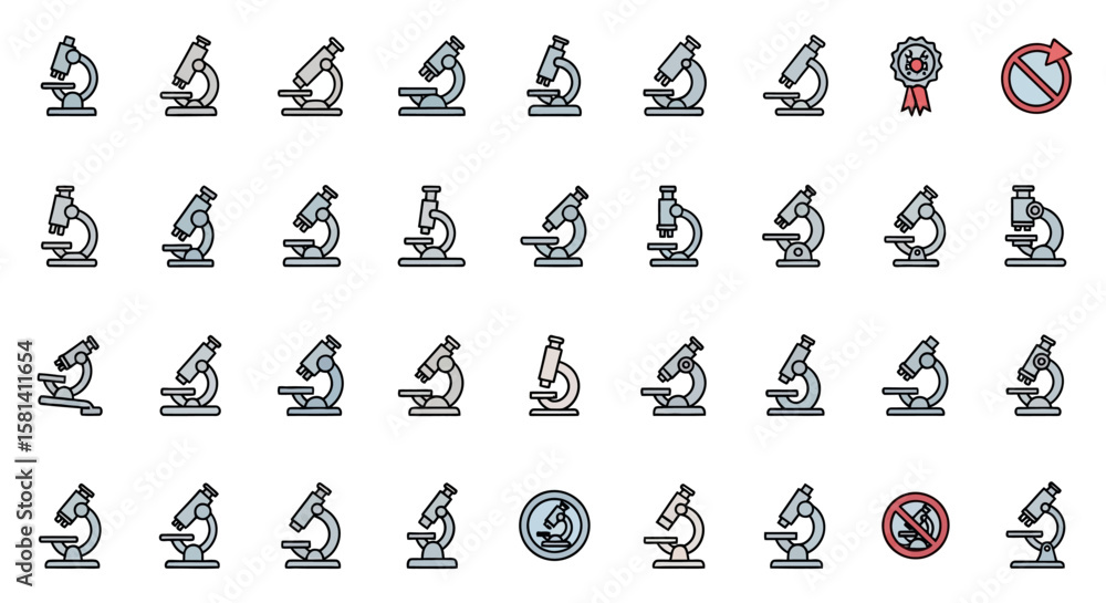 Poster set of vector icons various simple line art microscope illustrations. vector illustrations. eps edit