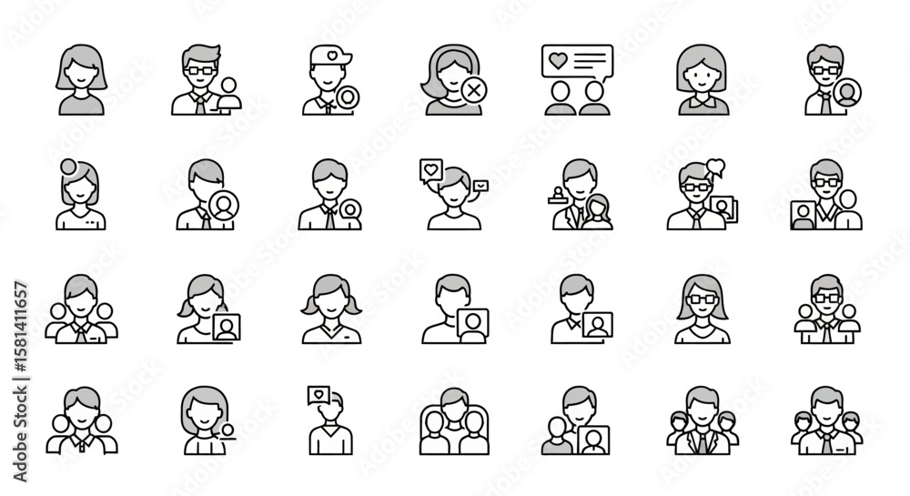 Poster set of vector icons various profile icons with interactions and groups. vector illustrations. eps ed