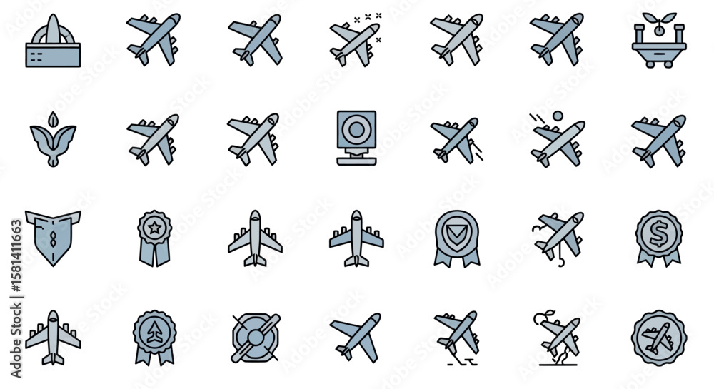 Poster set of vector icons various vector illustrations of airplane icons in different styles and designs. 