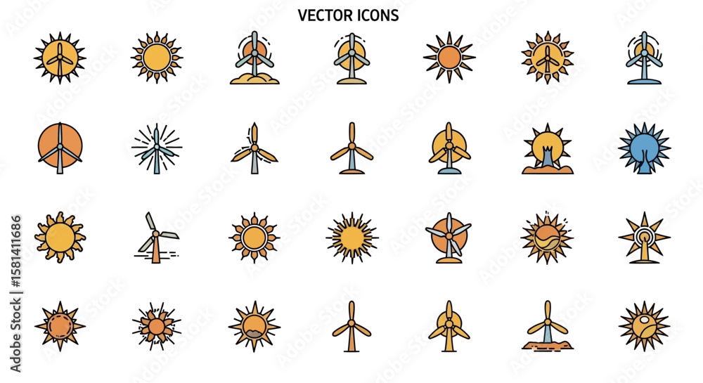 Poster set of vector icons vector icons depicting sun and wind turbines in various styles. vector illustrat