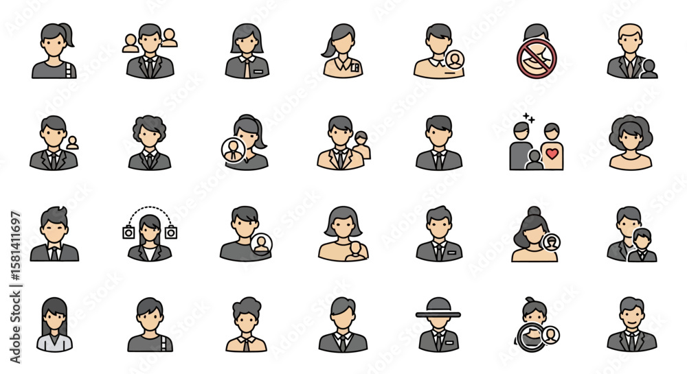 Poster set of vector icons vector icons of diverse people representing various professions and roles. vecto