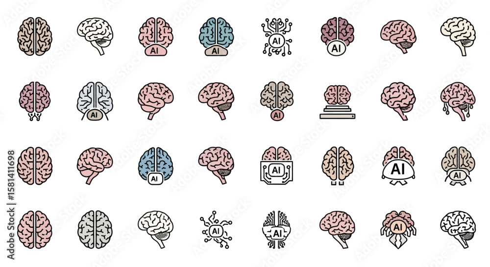 Poster set of vector icons vector illustrations of human brains with ai integration various styles. vector 