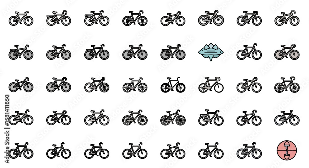Poster set of vector icons array of bicycle icons with varied designs and one iceberg and a mushroom. vecto