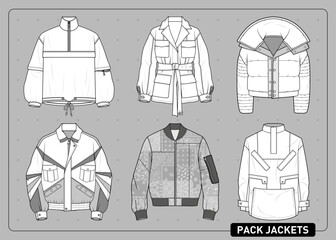 Vector fashion pack of six urban jackets with detailed flat sketches. Ideal for streetwear design, sewing patterns, and fashion references for apparel development. © fabian