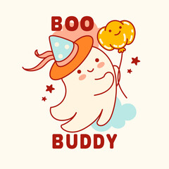 Adorable Halloween vector print with pumpkin, ghost, and a playful quote. Perfect for DIY decorations, party invites, or seasonal merchandise in bright, cheerful colors