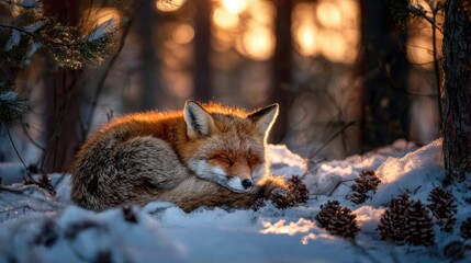 Fox curled up in a snow-covered woodland, pine cones scattered, golden hour light, whimsical mood