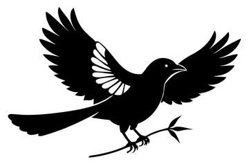 Obraz premium Flying magpie holding branch silhouette vector illustration