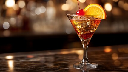 Elegant Cocktail on a Marble Bar Top with Blurred Background Ambiance