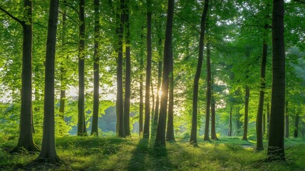Sunlit forest path with tall trees and green foliage sunlight nature