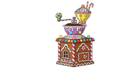 Vector gingerbread house candy grinder with lollipop handle and candy bowl design for christmas holiday season