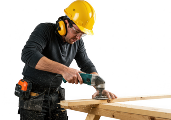Construction Worker Sanding Wood with Power Tool on transparent background