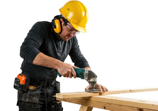Construction Worker Sanding Wood with Power Tool on transparent background