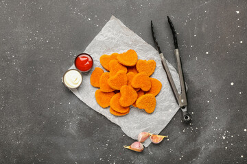 Baking paper with tasty nuggets in shape of heart and different sauces on black background....