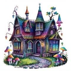 Fairytale Gothic Cottage with Spire Roof &ndash; Glowing Windows and Mushrooms 