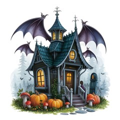 Small Gothic House with Bat Wings &ndash; Glowing Window and Fog 