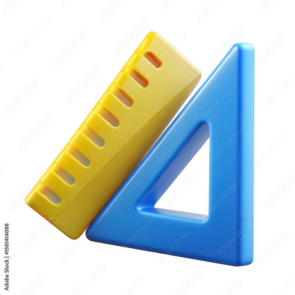 Poster 3d render of ruler and triangle set isolated on transparent background