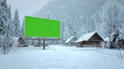 Green Billboard on Winter Landscape for Advertising