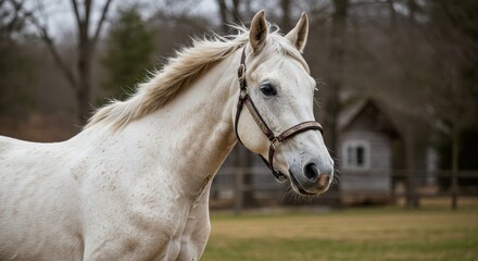 Obraz premium Majestic white horse standing in a field with a rustic building