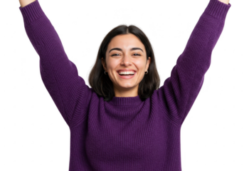 Excited Young Woman Cheering with Arms Raised on transparent background