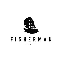 sailing logo design, black silhouette concept of fishing boat, with simple also as illustration template design
